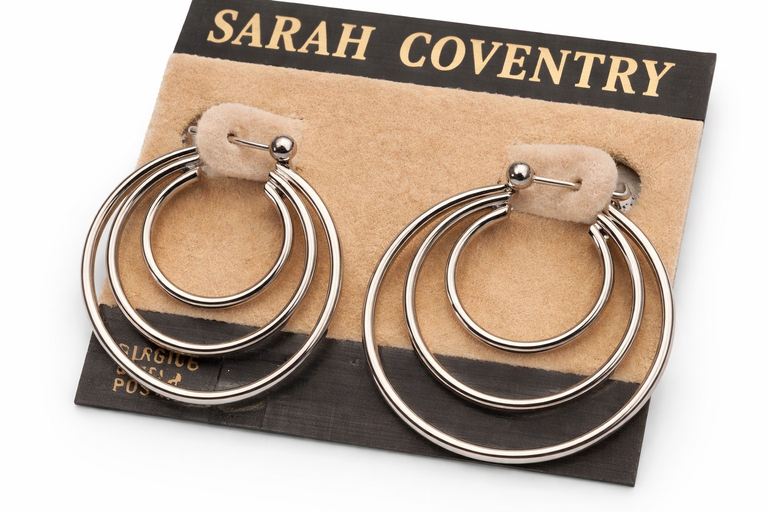 Sarah Coventry Triple Hoop Earrings Silver Tone Layered Hoops Stud Post VTG NOS