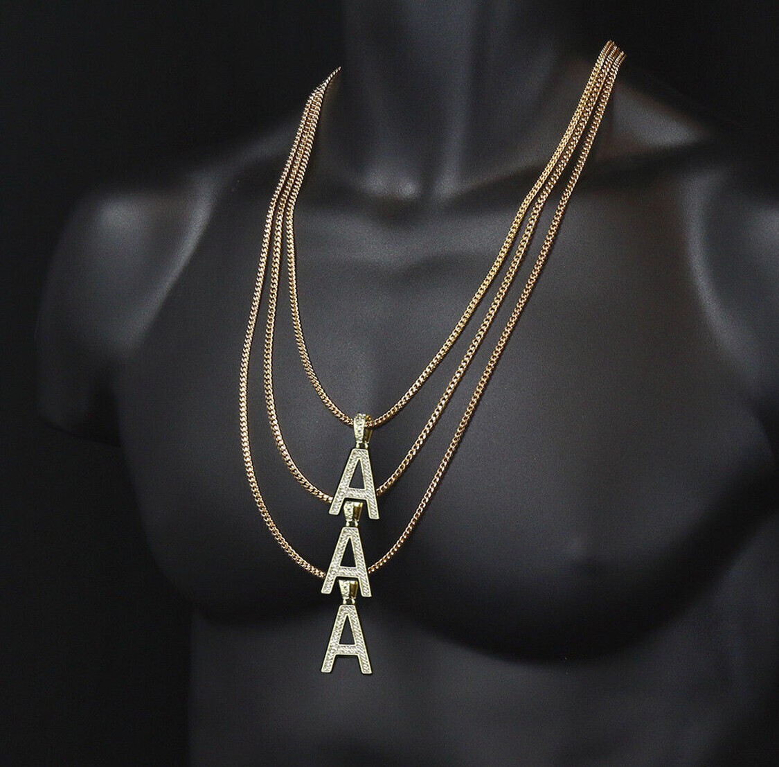 Alphabet Letter Pendant 3mm 24″,27″ & 30″ Cubic-Zirconia Cuban Chain Gold Plated
