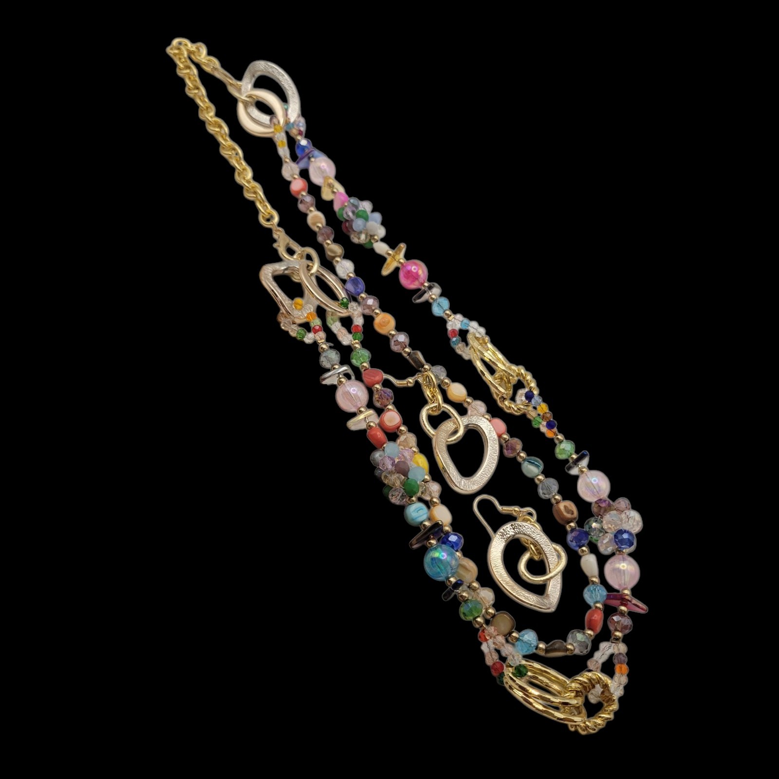 Necklace Earrings Multicolor 28″ Beads Varies Goldtone Lightweight Spring