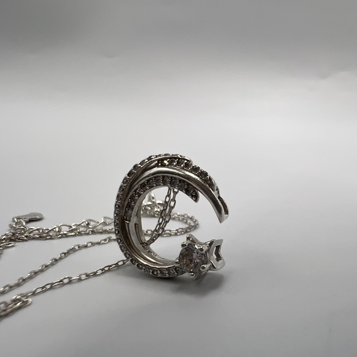 925 Sterling Silver Crescent Moon & Star Pendant Necklace with CZ Stones