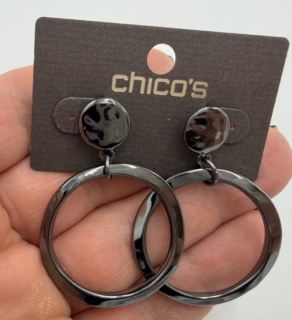 Chico’s 2” Gunmetal Gray Drop Dangle Hoop Post Earrings NWT