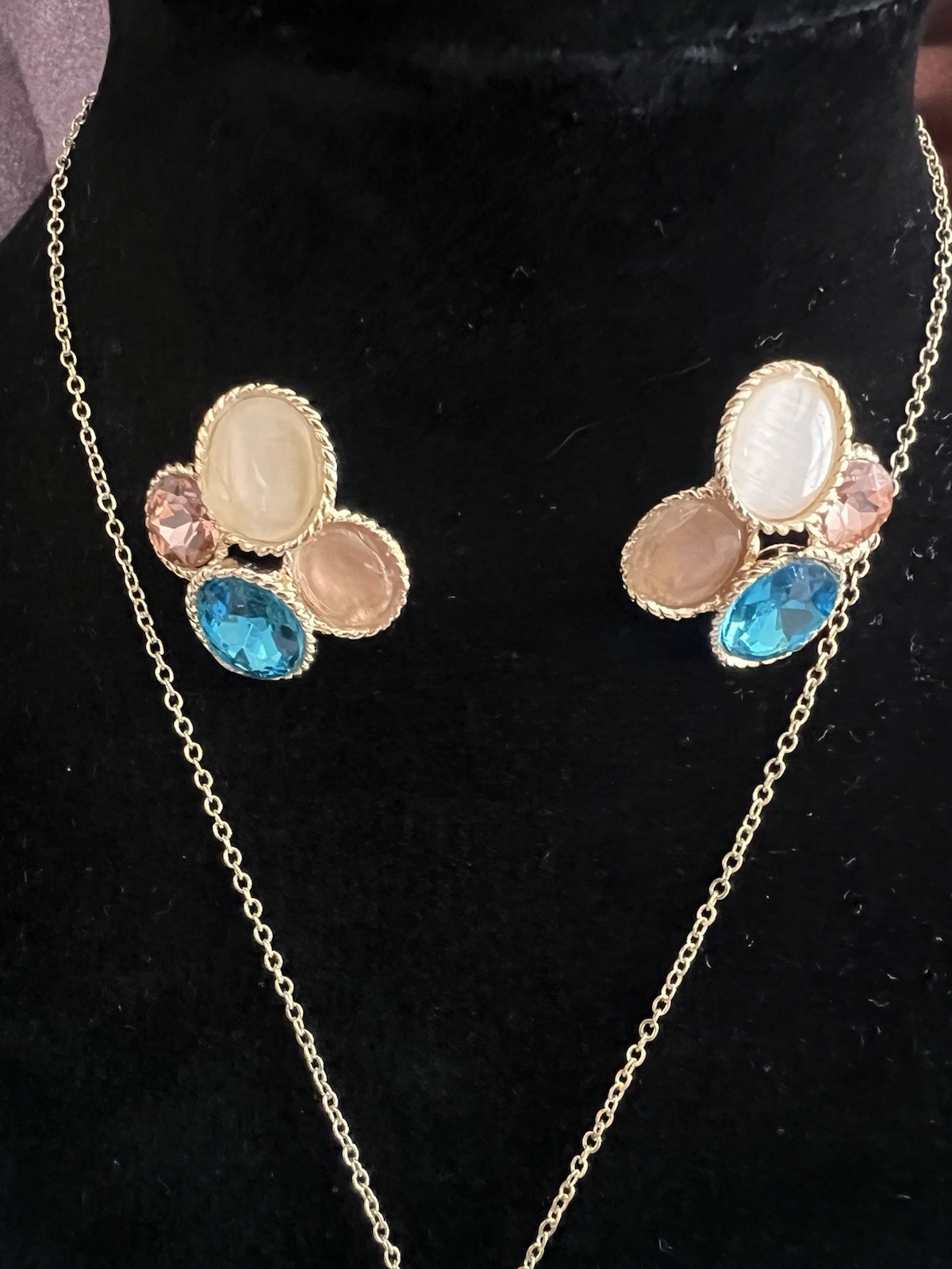 Gold Tone Plated Oval Multi Color Crystal Necklace Pendant Earrings Set