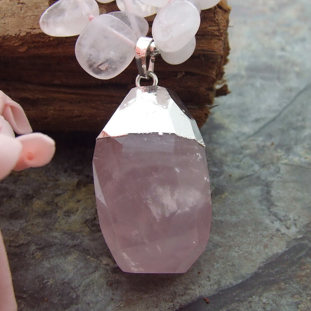 18″ 2 Strands natural Rose Quartz Necklace Rose Quartz Pendant