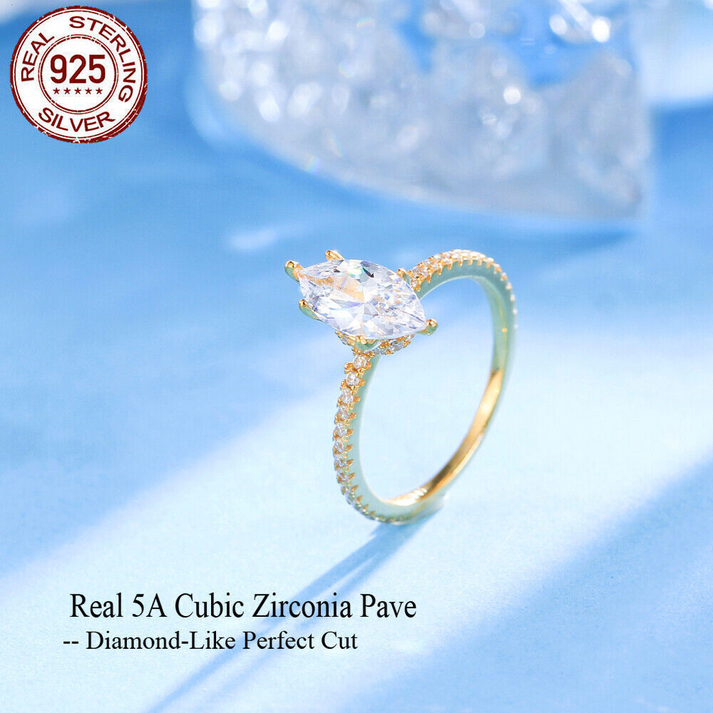 925 Sterling Silver Ring Gold Plated CZ White Marquise Cut Wedding Engagement