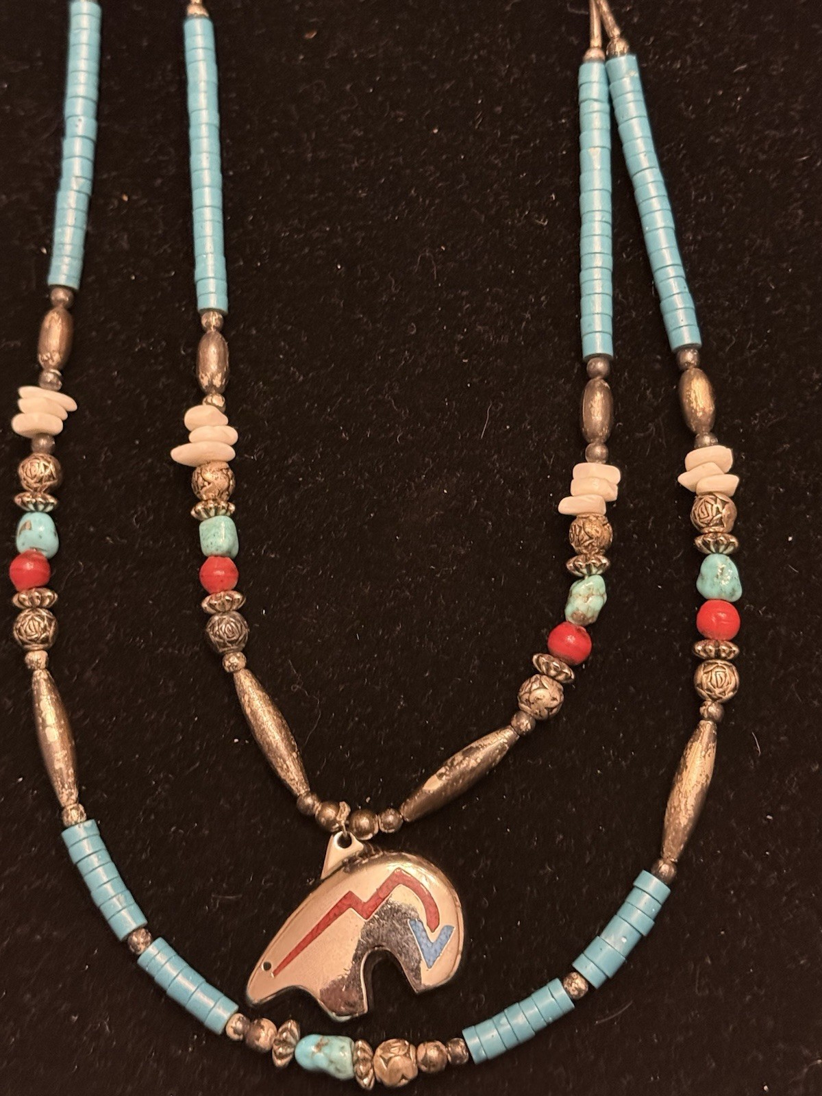 Turquoise & Coral Beaded Necklace Bear Charm Pendant, Multicolor Barrel Closure