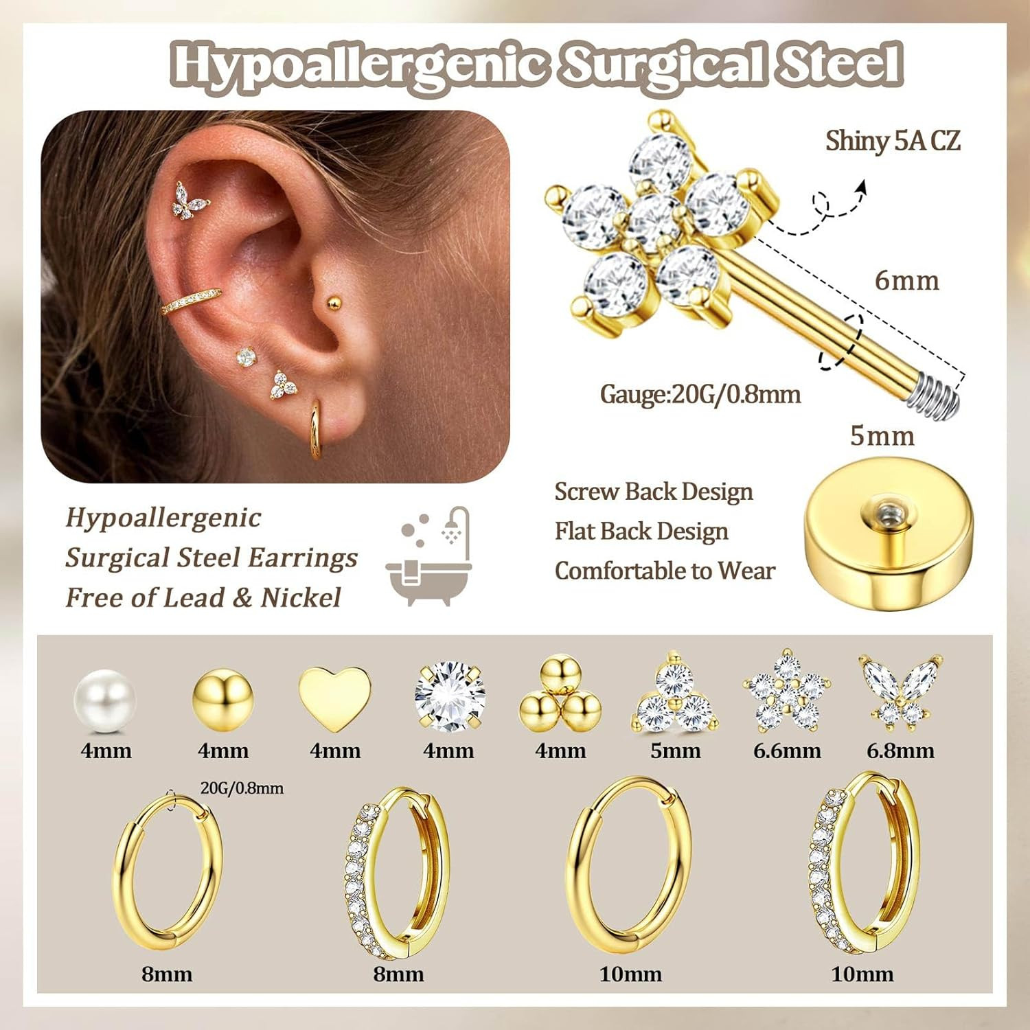 Hypoallergenic 14K Gold Plated Stud Hoop Earrings for Women Men Surgical Stainle