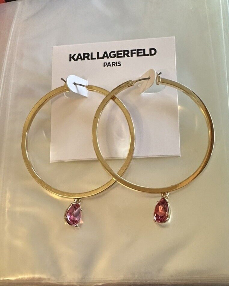 Karl Lagerfeld Paris Gold-Tone Pink Crystal Charm Hoop Earrings $45