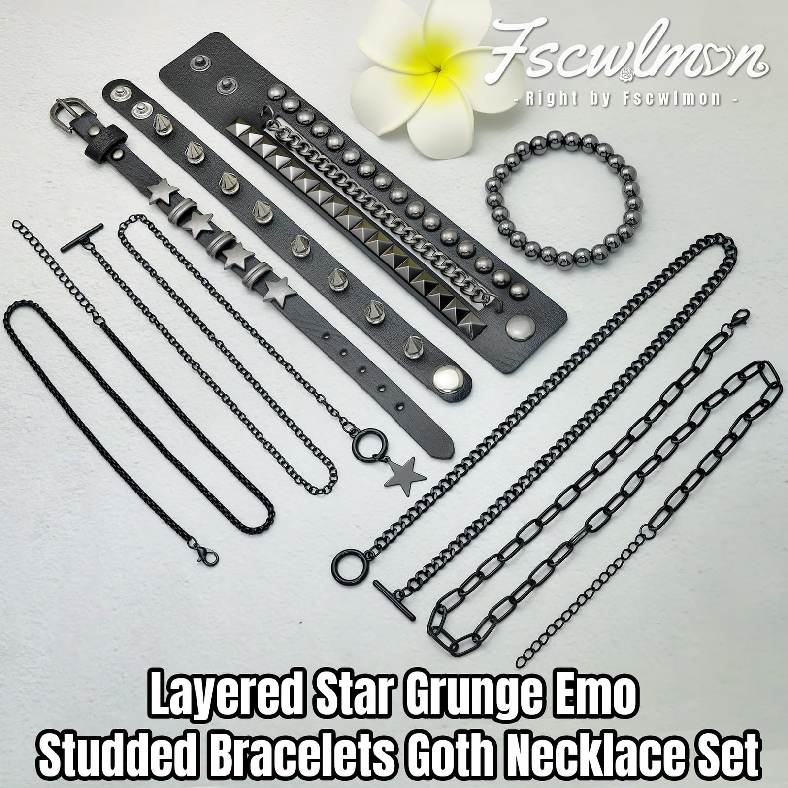 Fscwlmon 5 Pcs Layered Star Grunge Emo Studded Bracelets Goth A