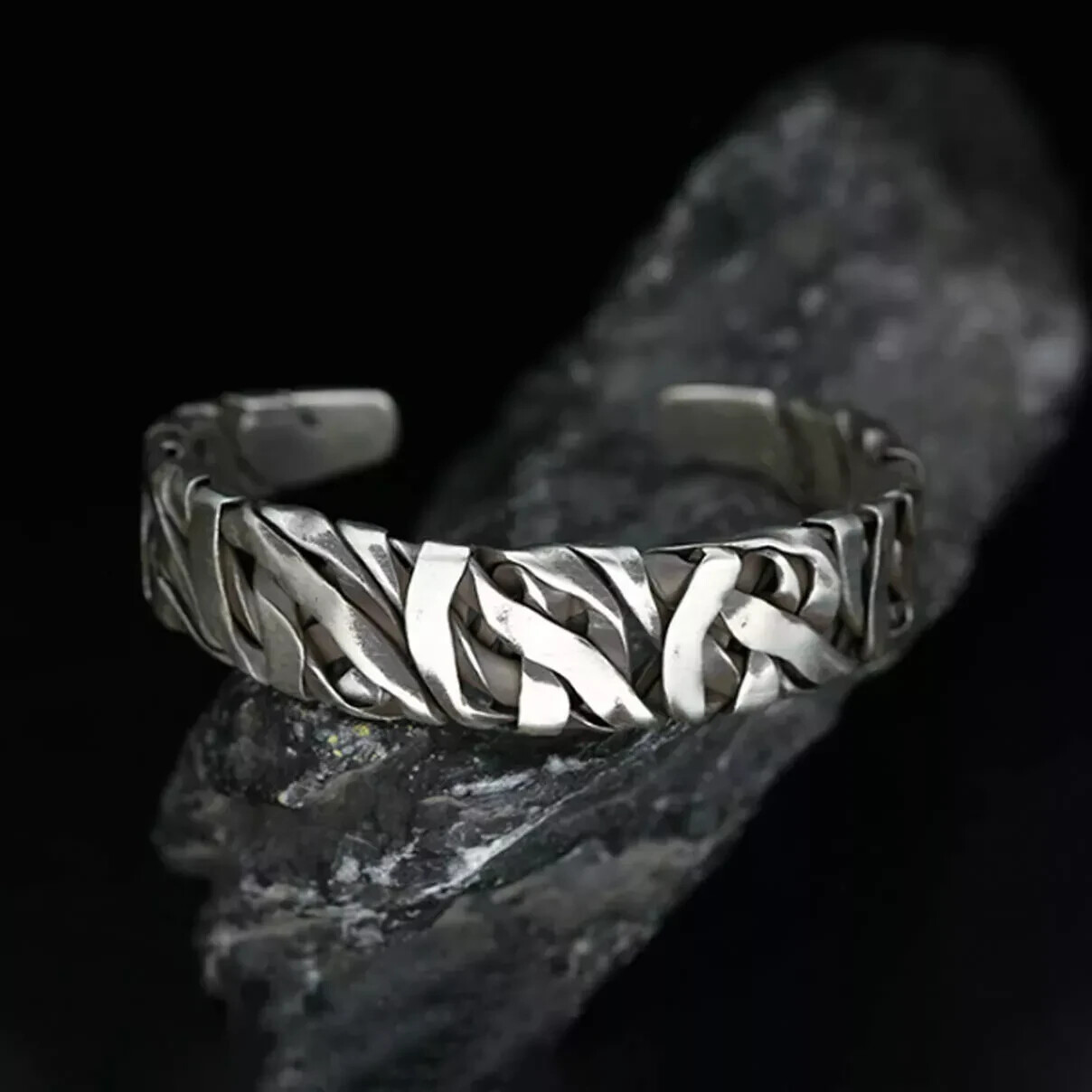 Men Wide Bracelet Retro Silver Twisted Adjustable Wrist Bangle Cuff Bracelet