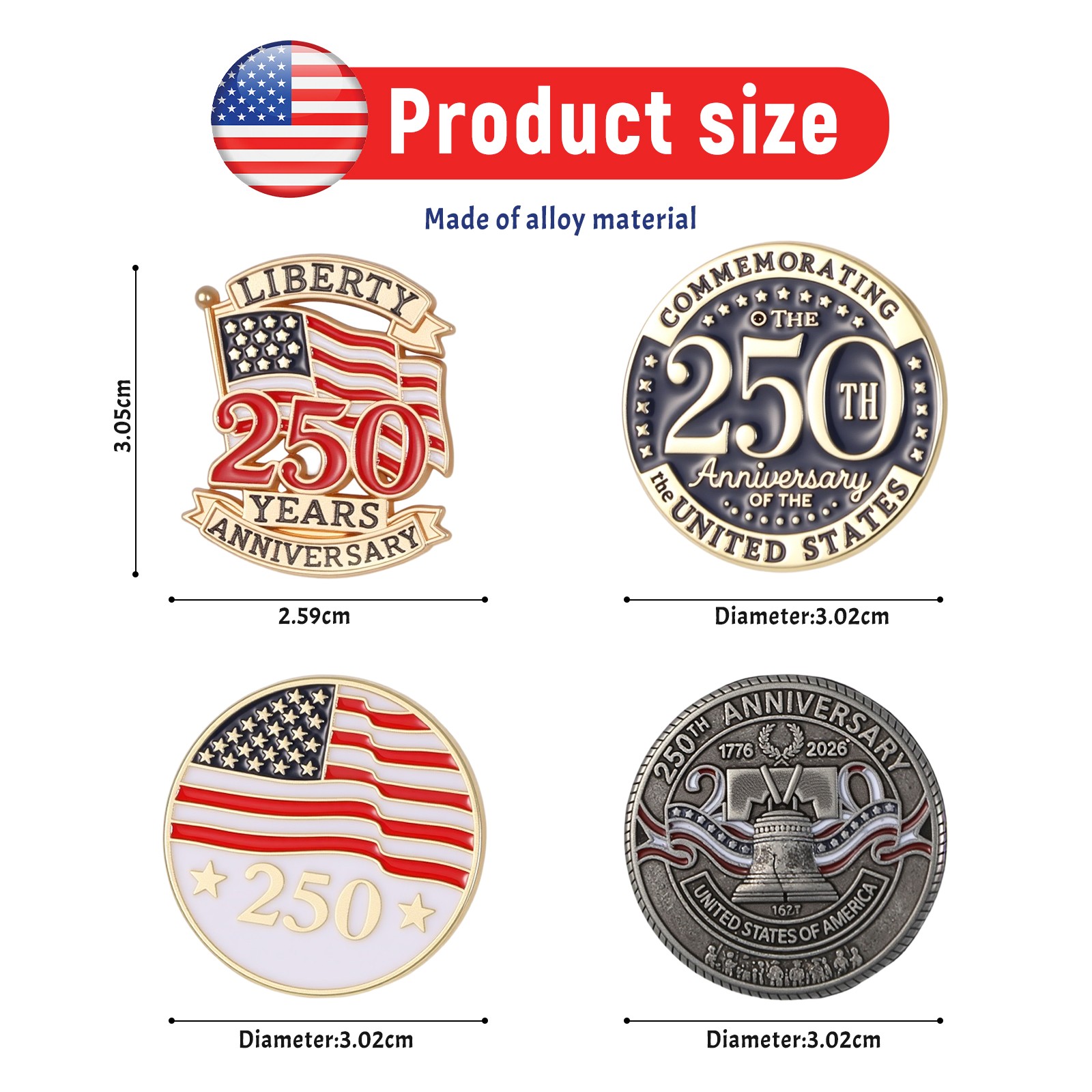 4pcs US 250th Anniversary Metal Enamel Emblem Brooches Set Unisex Patriotic Pins