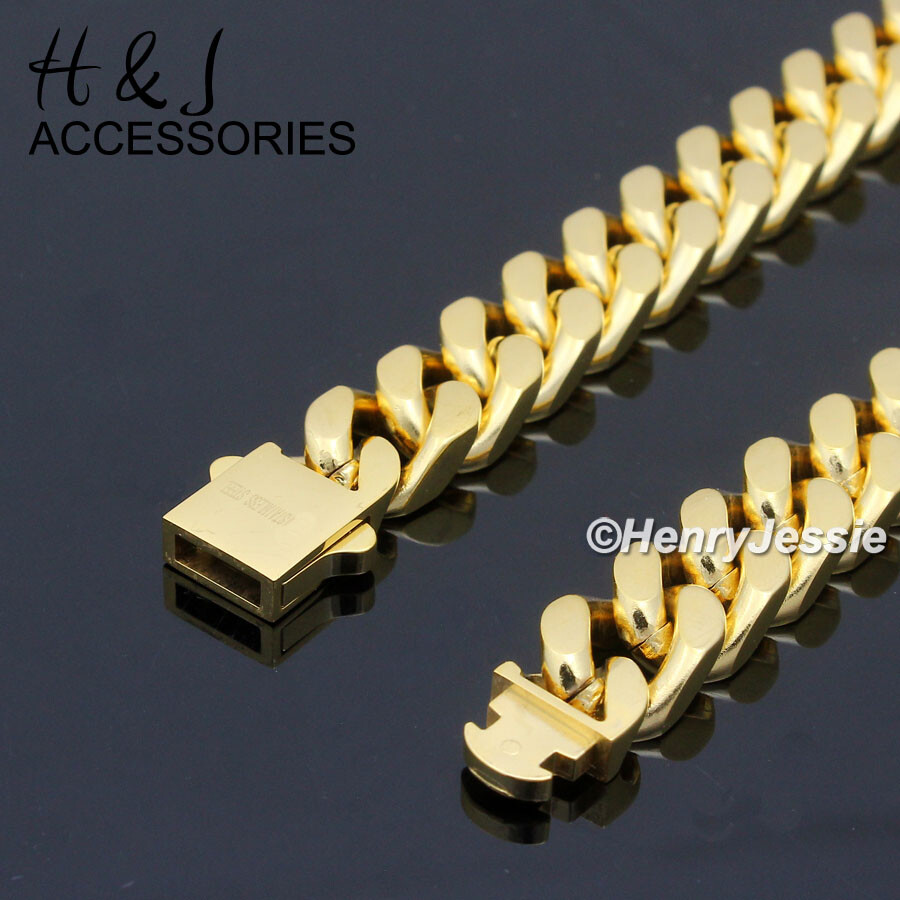 16″-40″MEN 316L Stainless Steel 10mm Gold Plated Miami Cuban Curb Chain Necklace