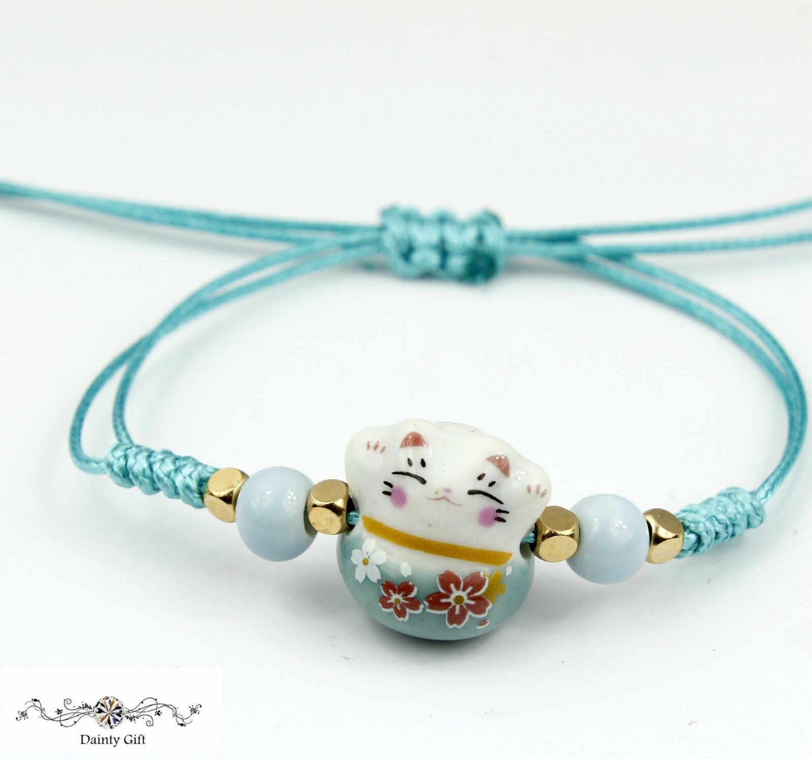 Girl Women Luck Ceramic Fat Flower Cat / Kitty Animal Adjust Rope Bracelet 4-11″