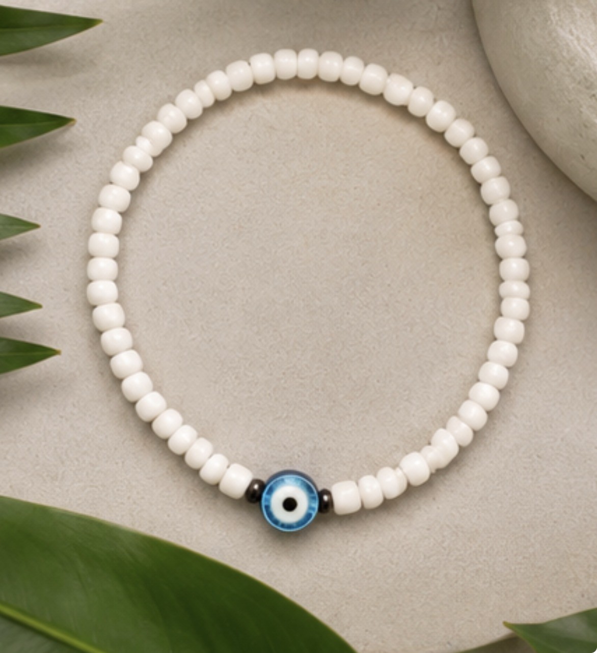 Gorgeous handmade white beaded evil eye anklet Stretchy and easy to wear