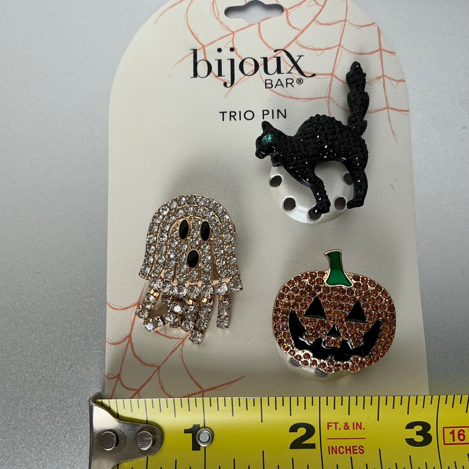 Halloween Rhinestone Pin Trio Black Cat Pumpkin Ghost Bijoux Bar NEW ON CARD