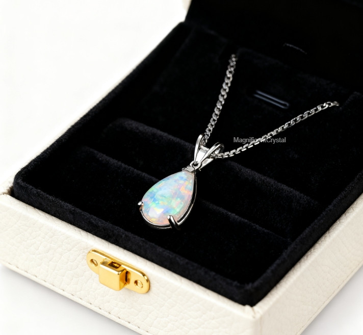 White Opal Pendant Necklace Minimalist Teardrop Opalite Women Silver Jewelry