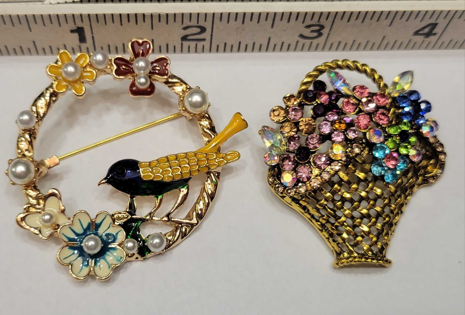 Gorgeous Rhinestone Flower Floral Bouquet Bird Brooch Lot CA USA P69