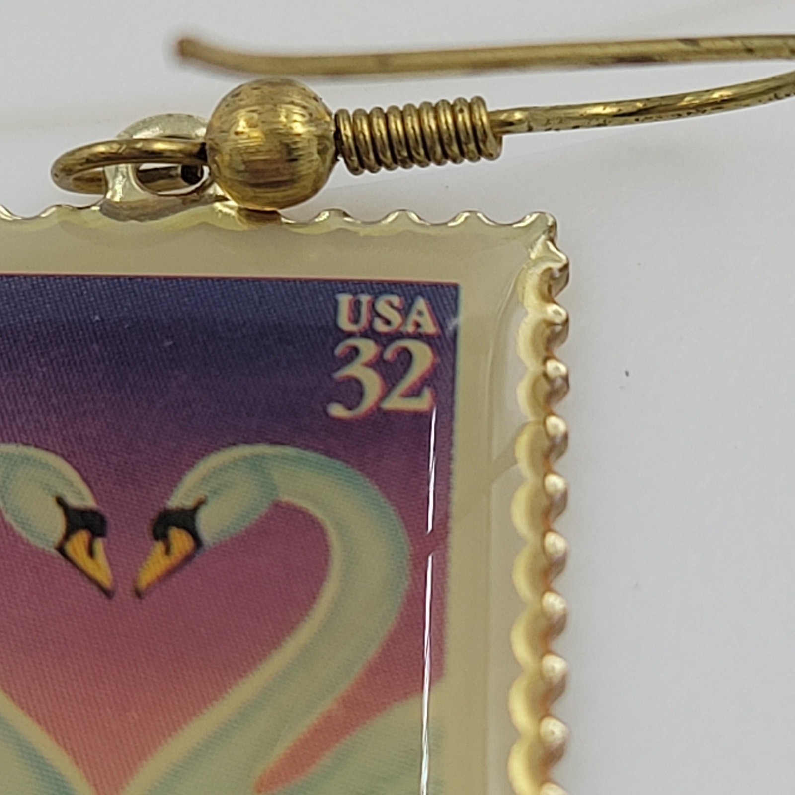 Swan Love 32 Cent Stamp Dangle Earrings Heart Gold Tone Postage Mail USA