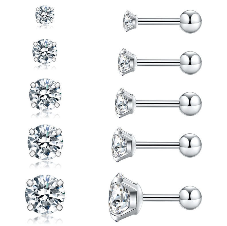 2Pcs Silver Gold Stainless Steel Round CZ Screw Back Stud Earrings for Women Men