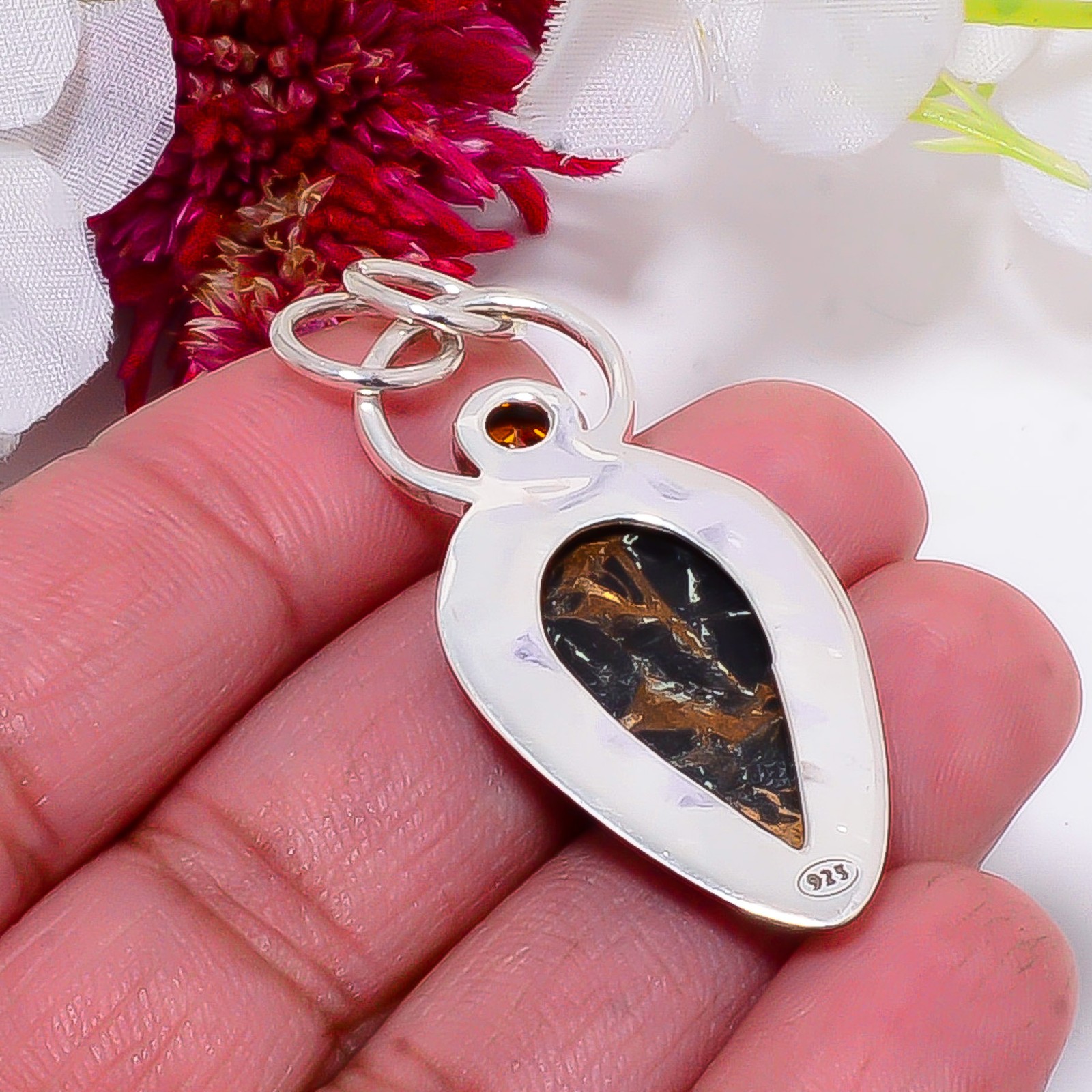 Copper Black Obsidian & Golden Quartz 925 Sterling Silver Pendant 2.03″ sku10
