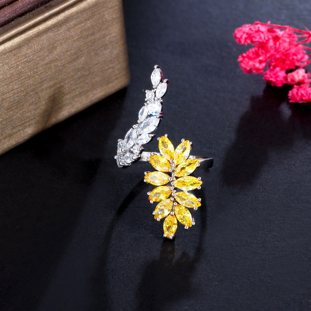 Marquise Silver Plated Yellow Cubic Zirconia Leaf Adjustable Open Cuff Wrap Ring