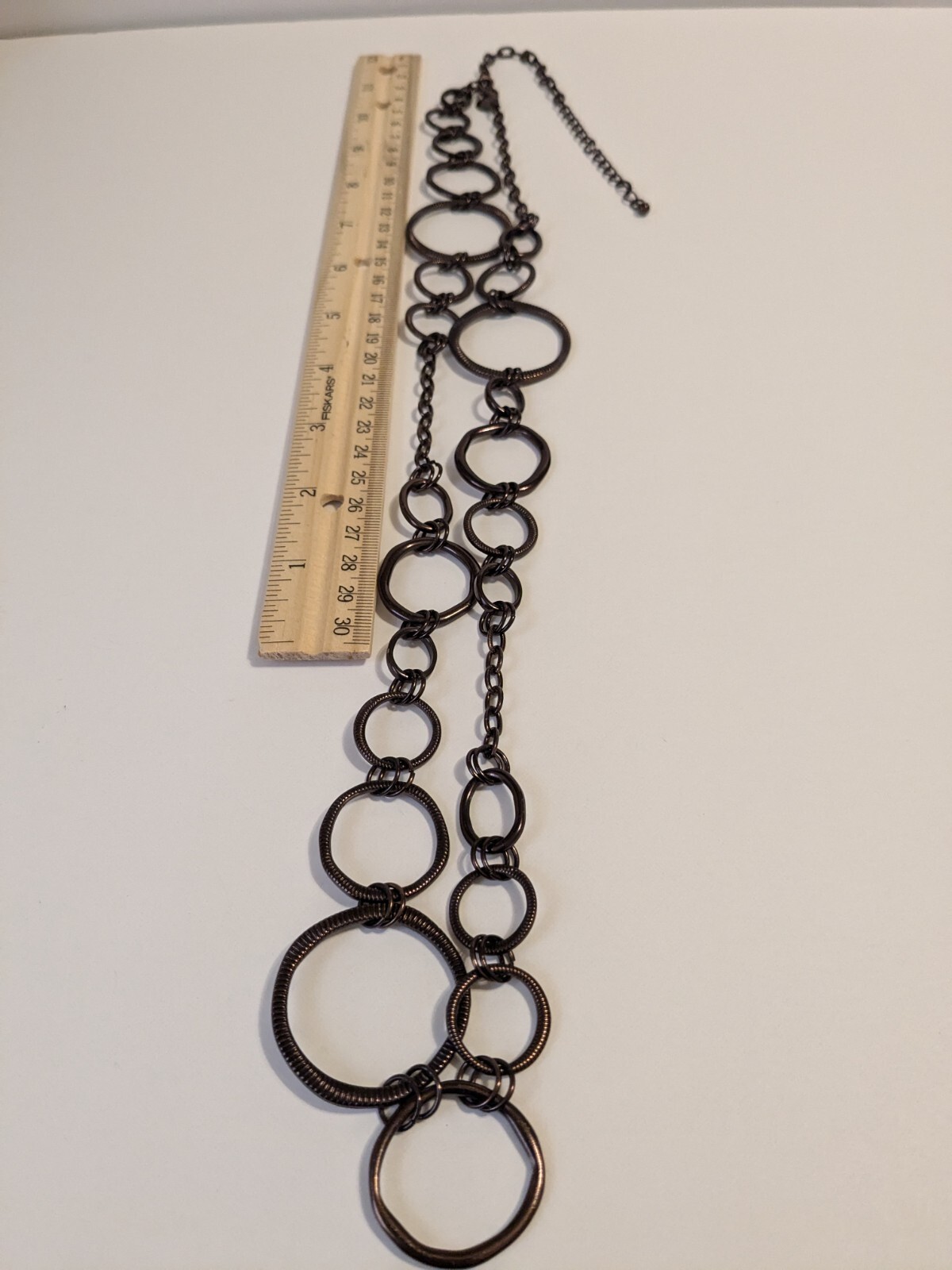 Lia Sophia Bronze Tone Textured Various Size Round Links Necklace. 30″. BOHO.