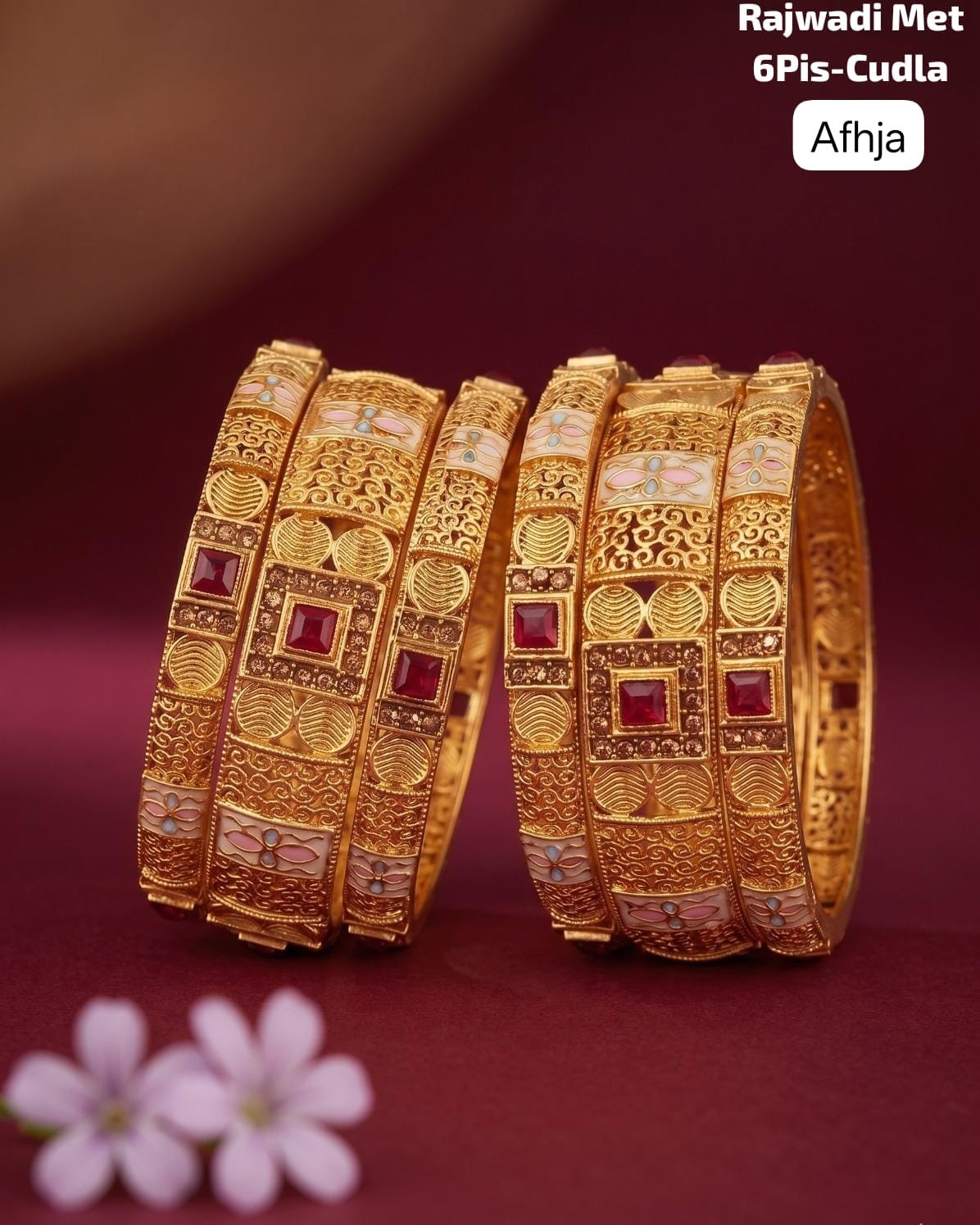 Premium Brass Rajwadi 6 Pcs Chudla Set – Traditional Designer Bangles (Sizes 2.4