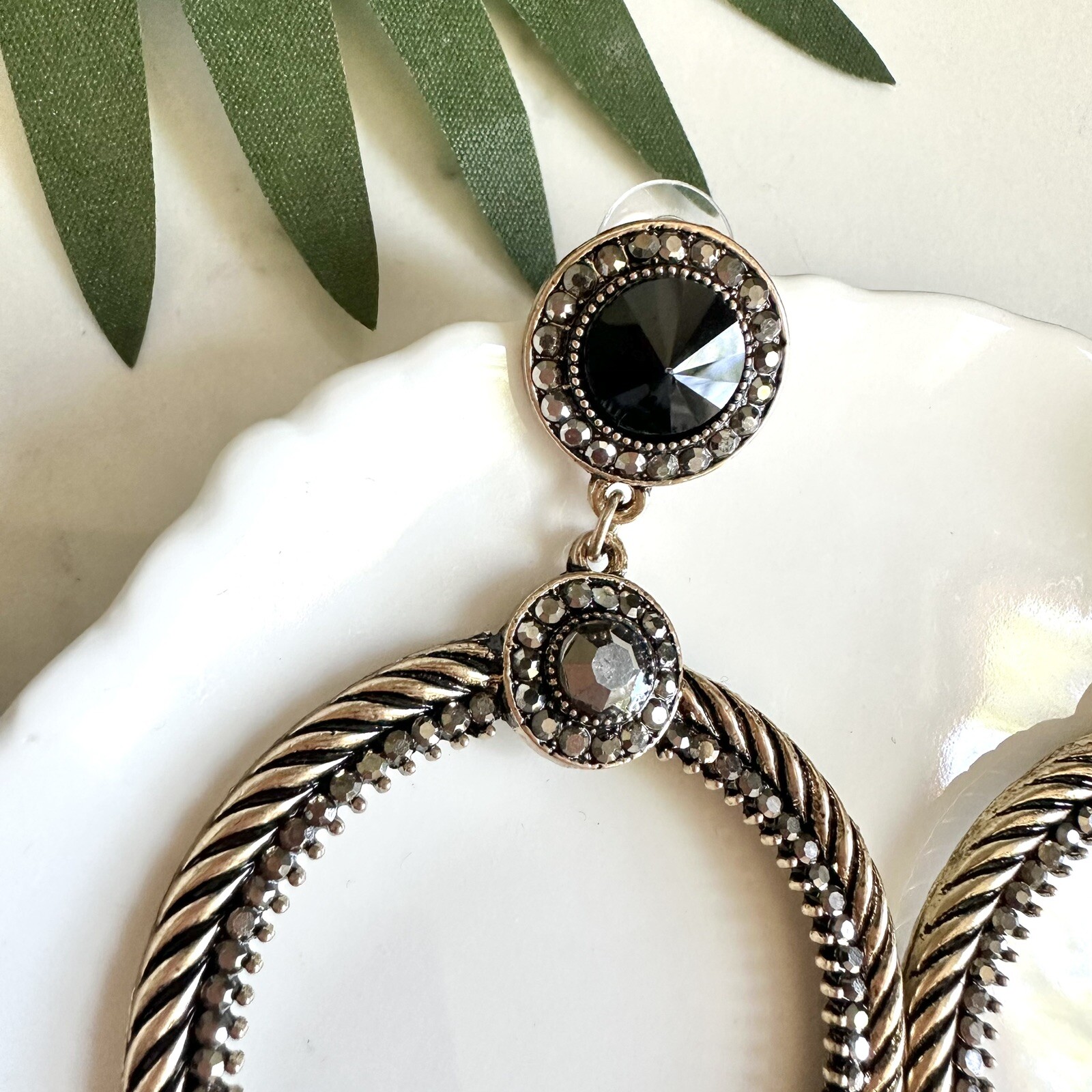 Art Deco Vintage Style Nouveau Gold Black Earrings Rhinestone Circle Hoop NEW