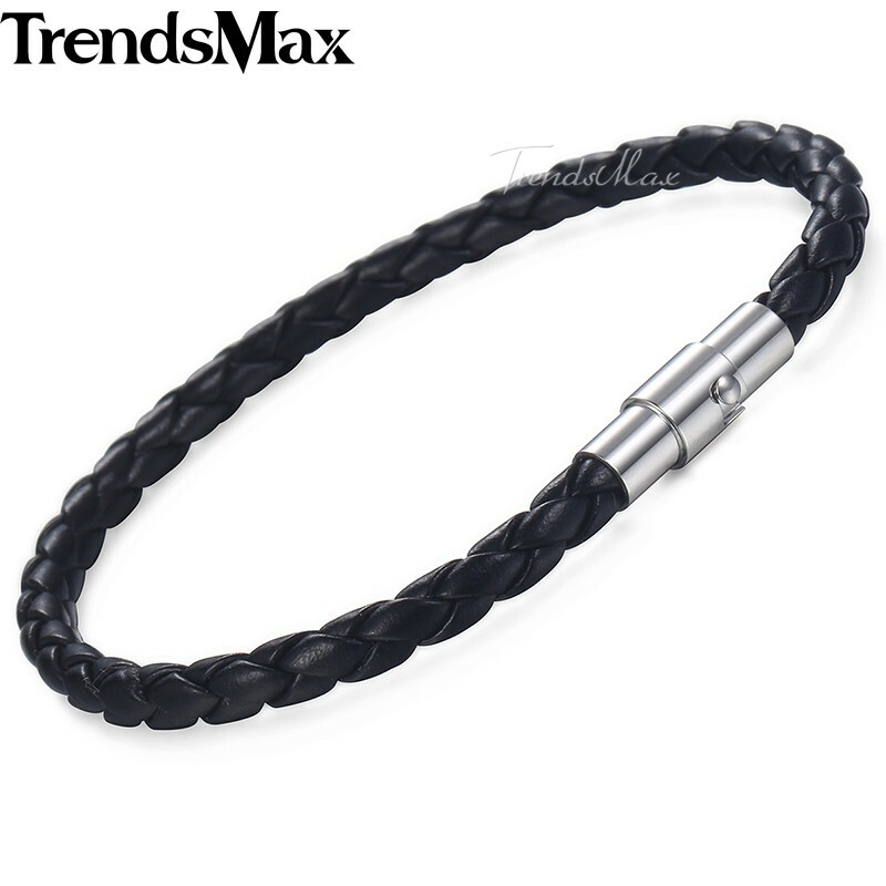 4/6/8mm Black Braided Cord Rope Man-made Leather Bracelet Magnetic Clasp 8-10″