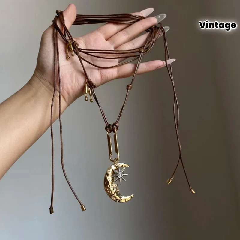 Vintage Gold Color Moon Star Pendant Necklace for Women Brown Leather Cord Adjus