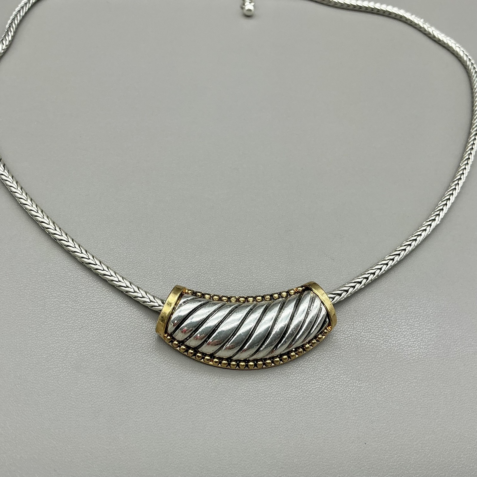 Roman Necklace Statement Silver Tone Gold Accents Curved Pendant Lobster Clasp