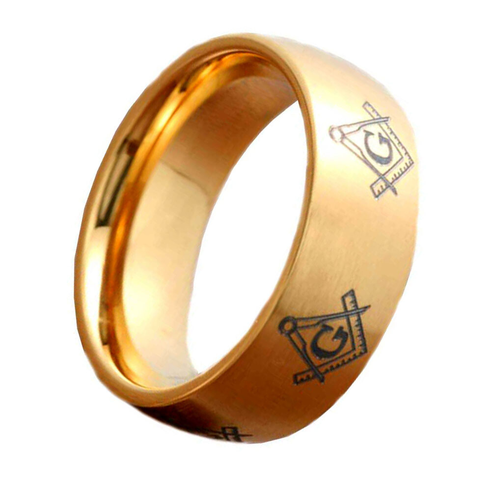 8mm Dome Titanium Ring Gold Plated Masonic Freemason Brush Men’s Wedding Band