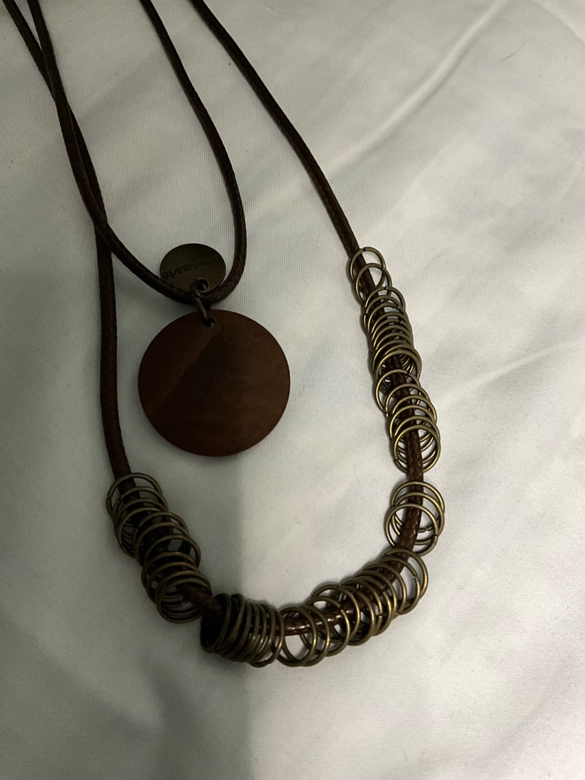 Boho Layered Cord Necklace – Bronze Rings & Disc Pendant, 17″