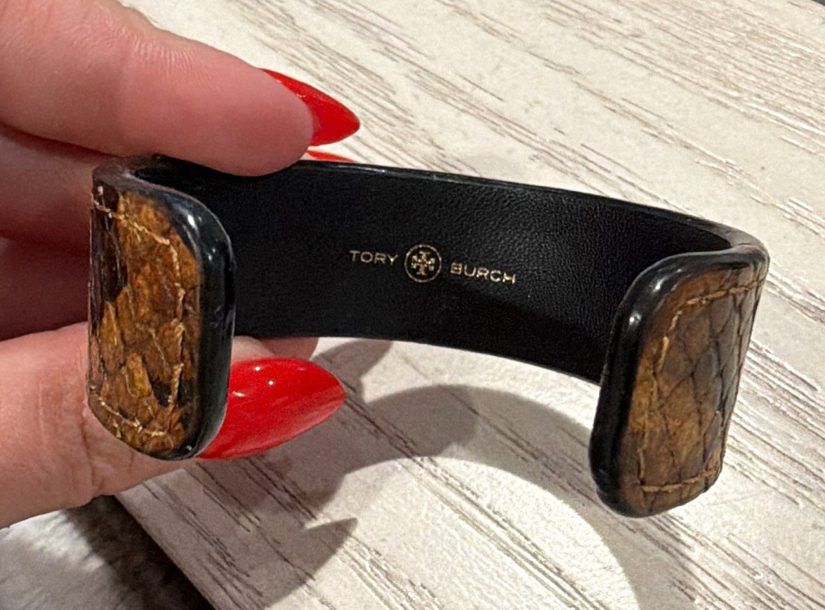 Tory Burch Signed Leather Cuff Bracelet Snake Skin Design Black Brown Gold Tone