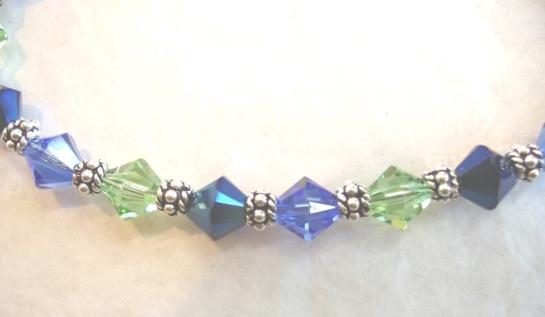 BLUE & GREEN BEADED BRACELET SAPPHIRE BLUE, PERIDOT made with SWAROVSKI CRYSTALS