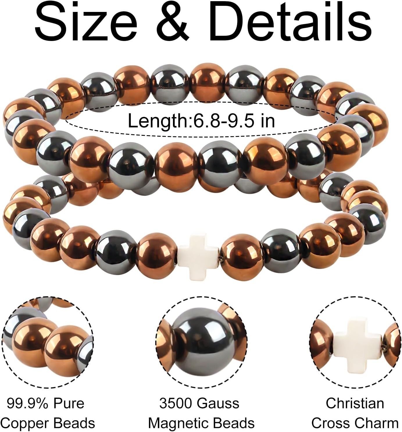 2PCS Copper Bracelets for Women Men 99.9% Pure Copper Jewelry and Cross Charm Br