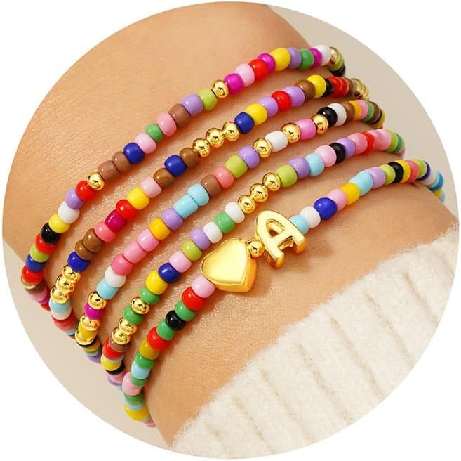 M MOOHAM 5PCS Colorful Beaded Initial Bracelets for Girls Women – Cute…