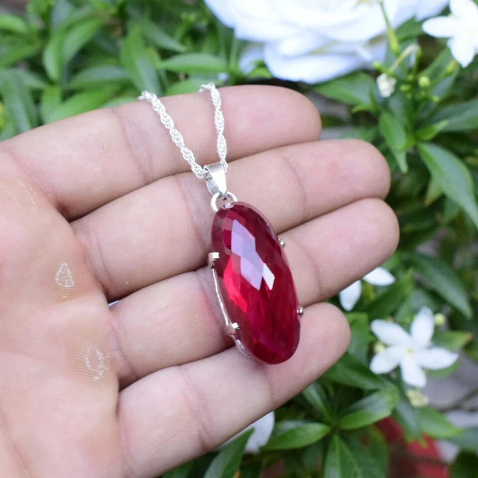 42 Ct Natural Red Ruby Pendant 925 Sterling Silver Cabochone Gemstone Jewelry