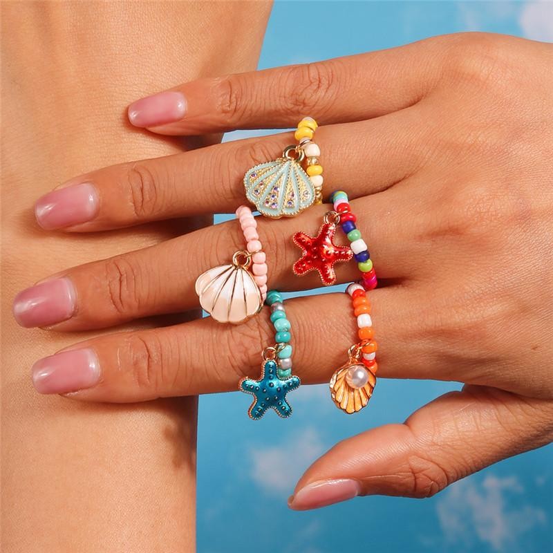 Bohemian Handmade Colorful Flower Beaded Ring Set for Women Beach Jewelry Gift