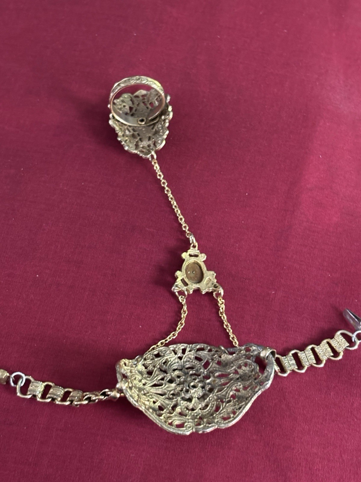 Gold Tone Filigree Hand Chain Slave Bracelet w/ Green Oval Cabochon Stones