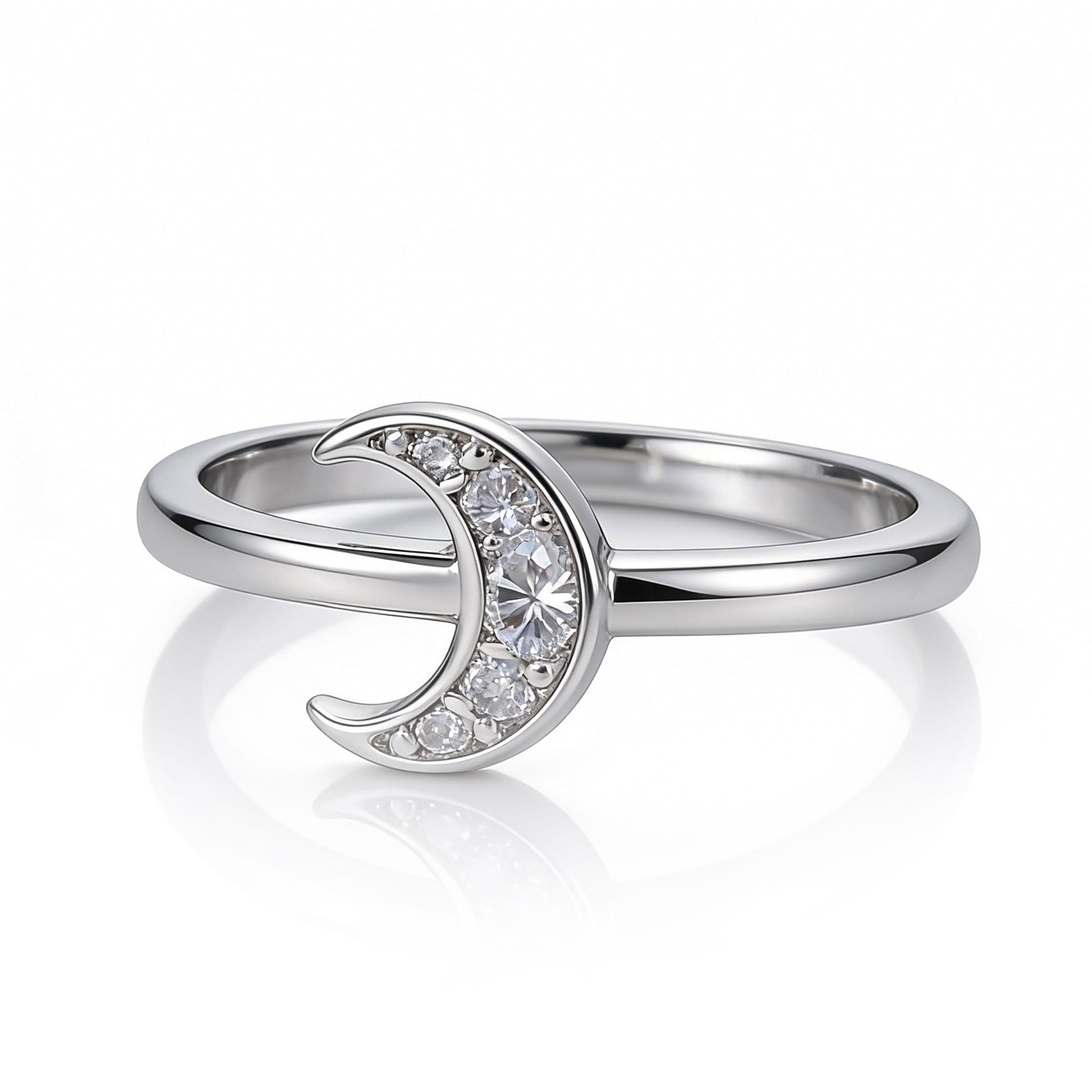 18K Gold Crescent Moon Ring, CZ Stackable Minimalist Promise Jewelry for Women