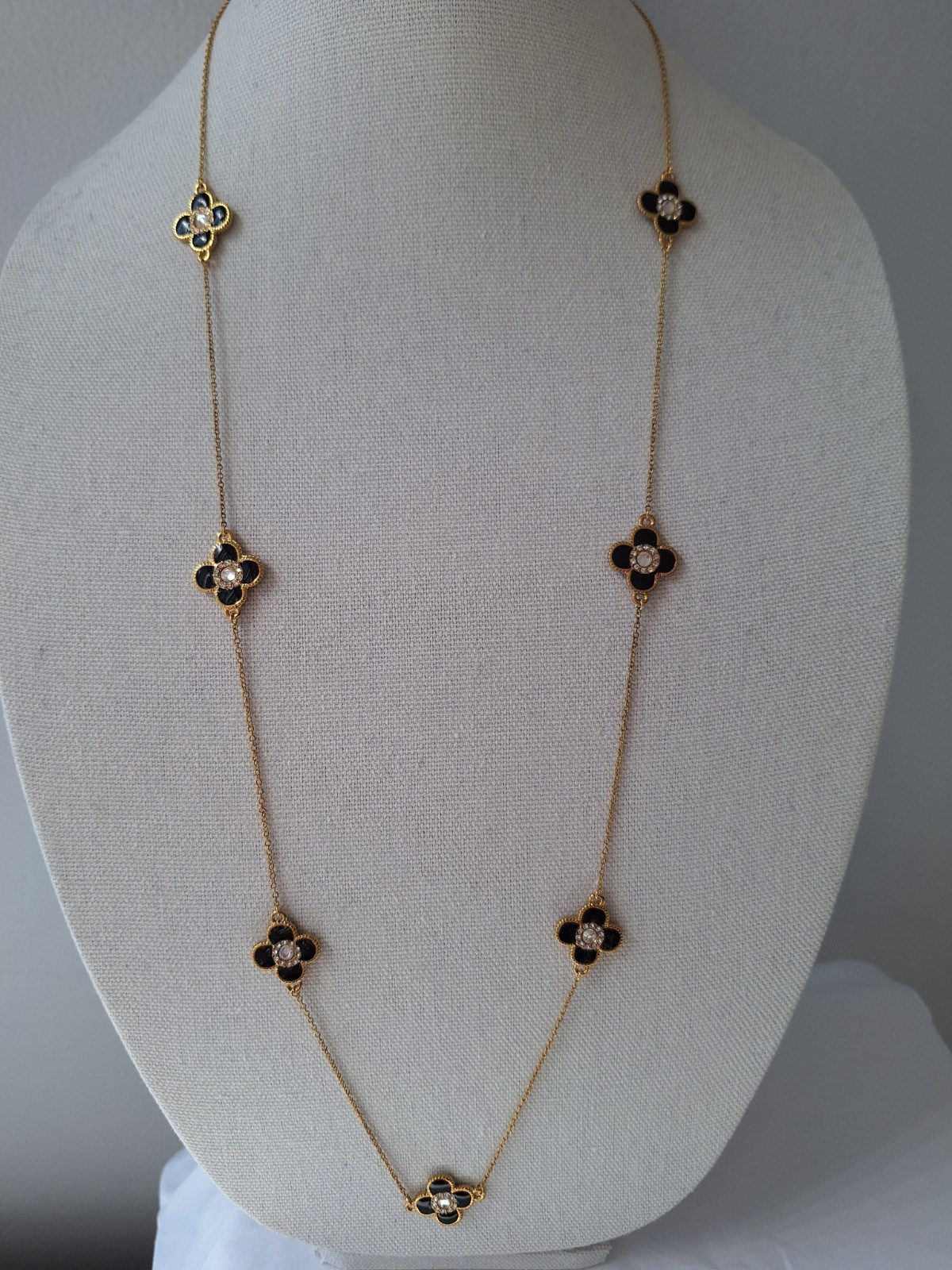 Gold Black Flower/clover Necklace, 36″ Long