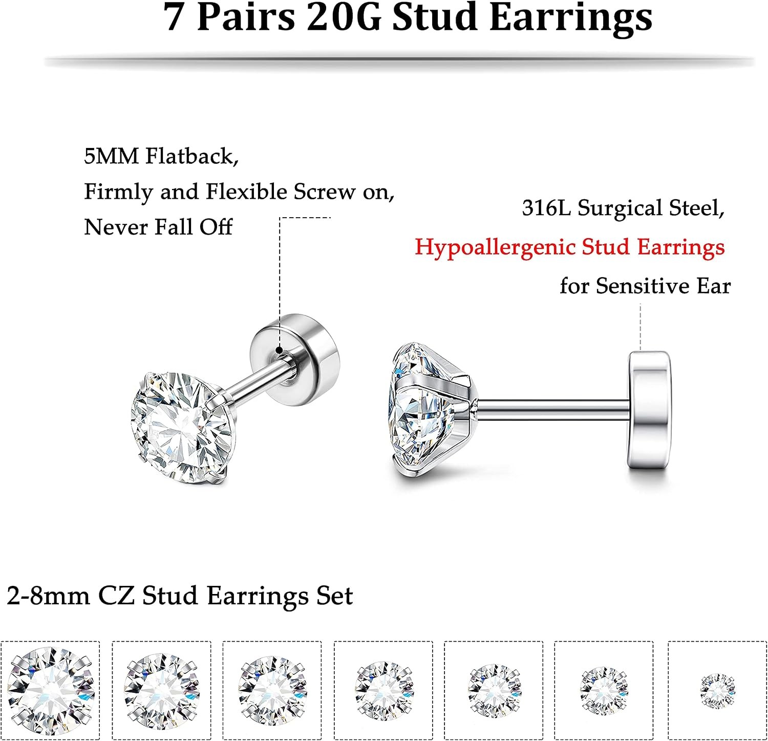 20G Hypoallergenic Flat Back Earrings for Women Men Silver 14K Gold Stainless St