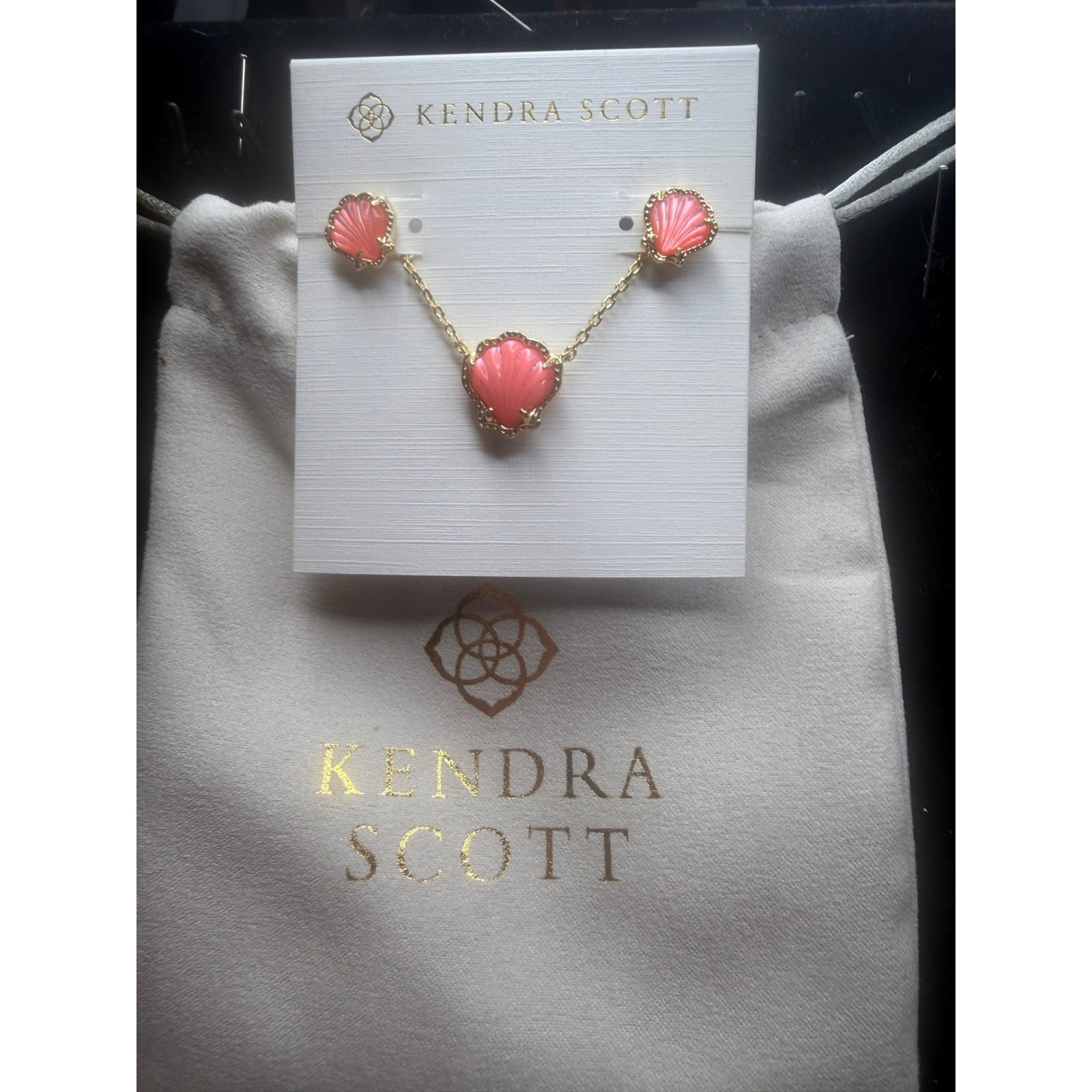 Kendra Scott, seashell necklace, earring, set, gold, and pink