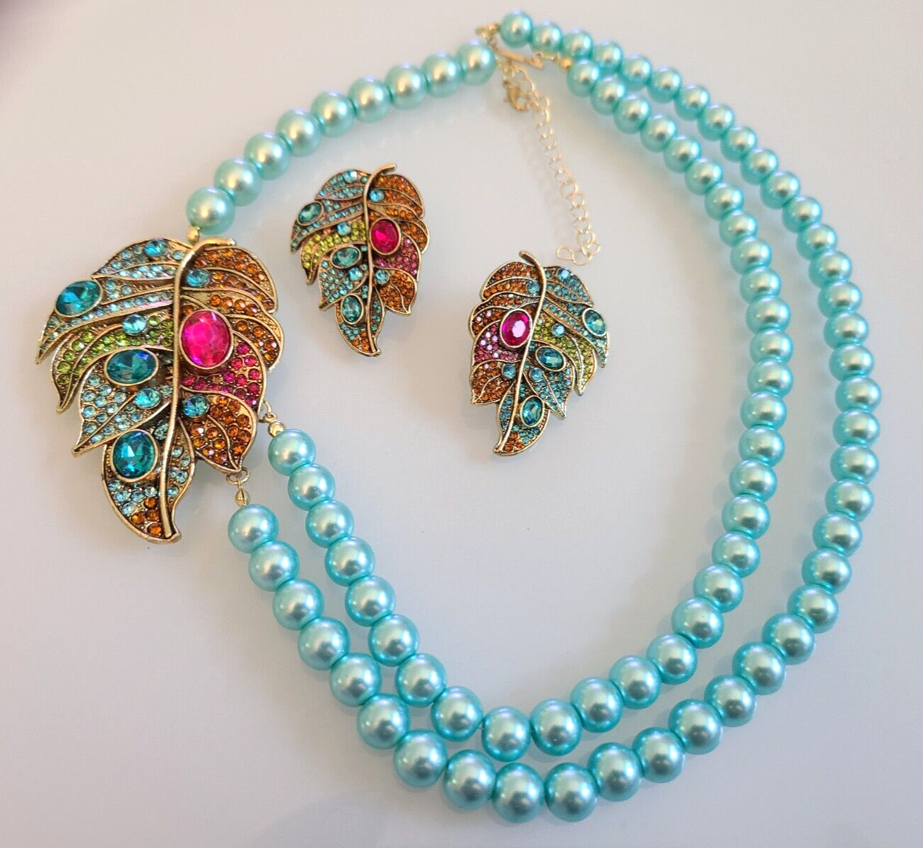 DESIGNER STYLE UNSIGNED AUTUMN LEAVES NECKLACE EARRINGS SIDE WORN SET WOW