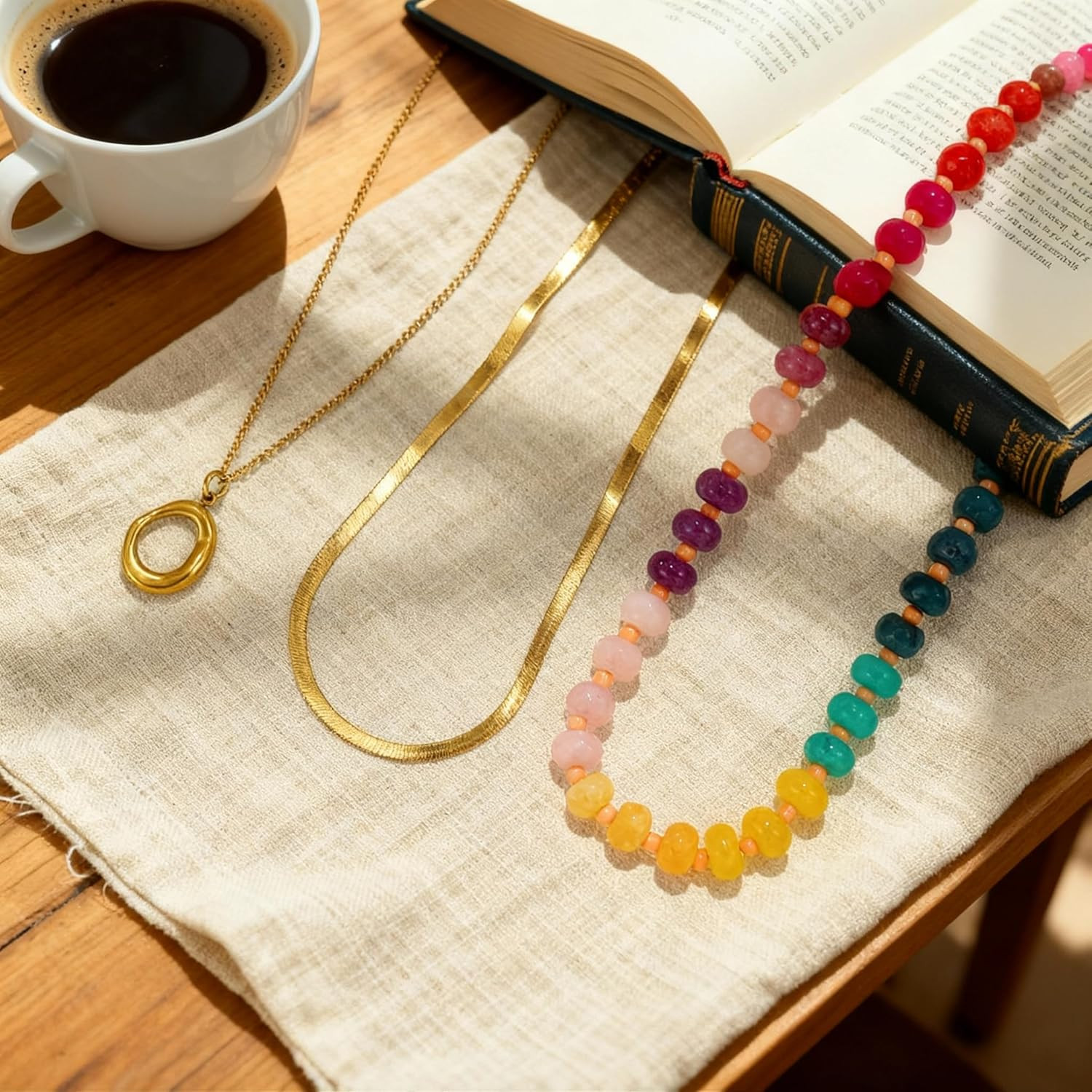 Layered Beaded Necklace for Women Colorful Trendy Snake Chain Circle Pendant Cho