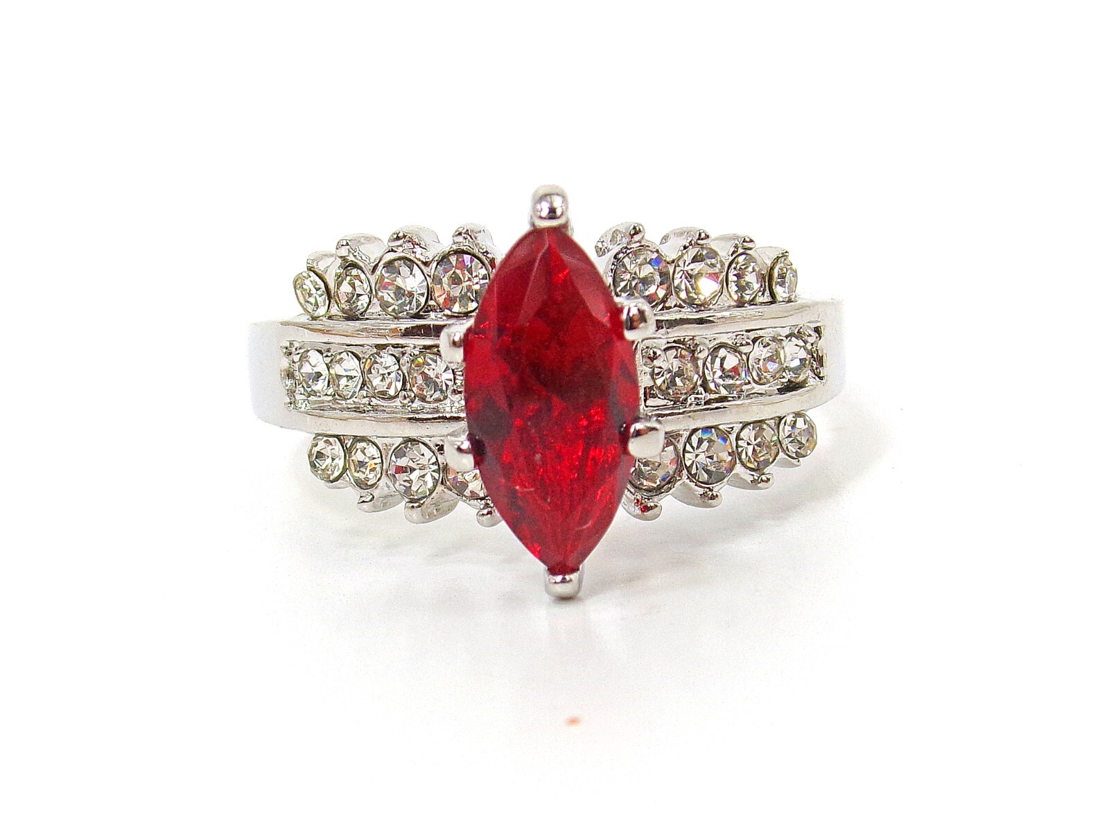 Red Marquise Cubic Zirconia Stone Fashion Ring with Clear CZ Stones on sides NEW