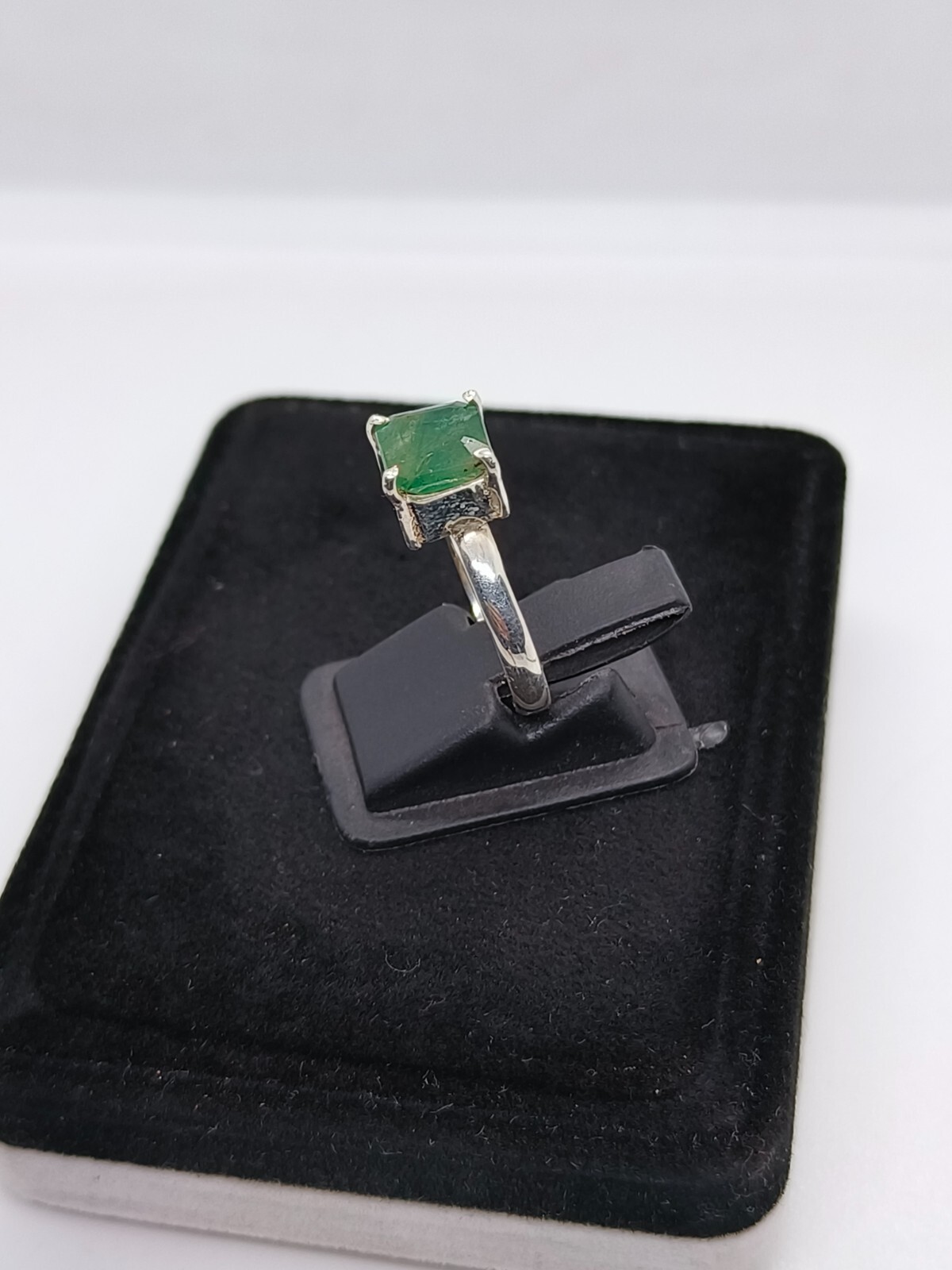 Emerald Cut Sterling Silver Ring-Light Zambia Green Emerald Ring Stone US Size 7