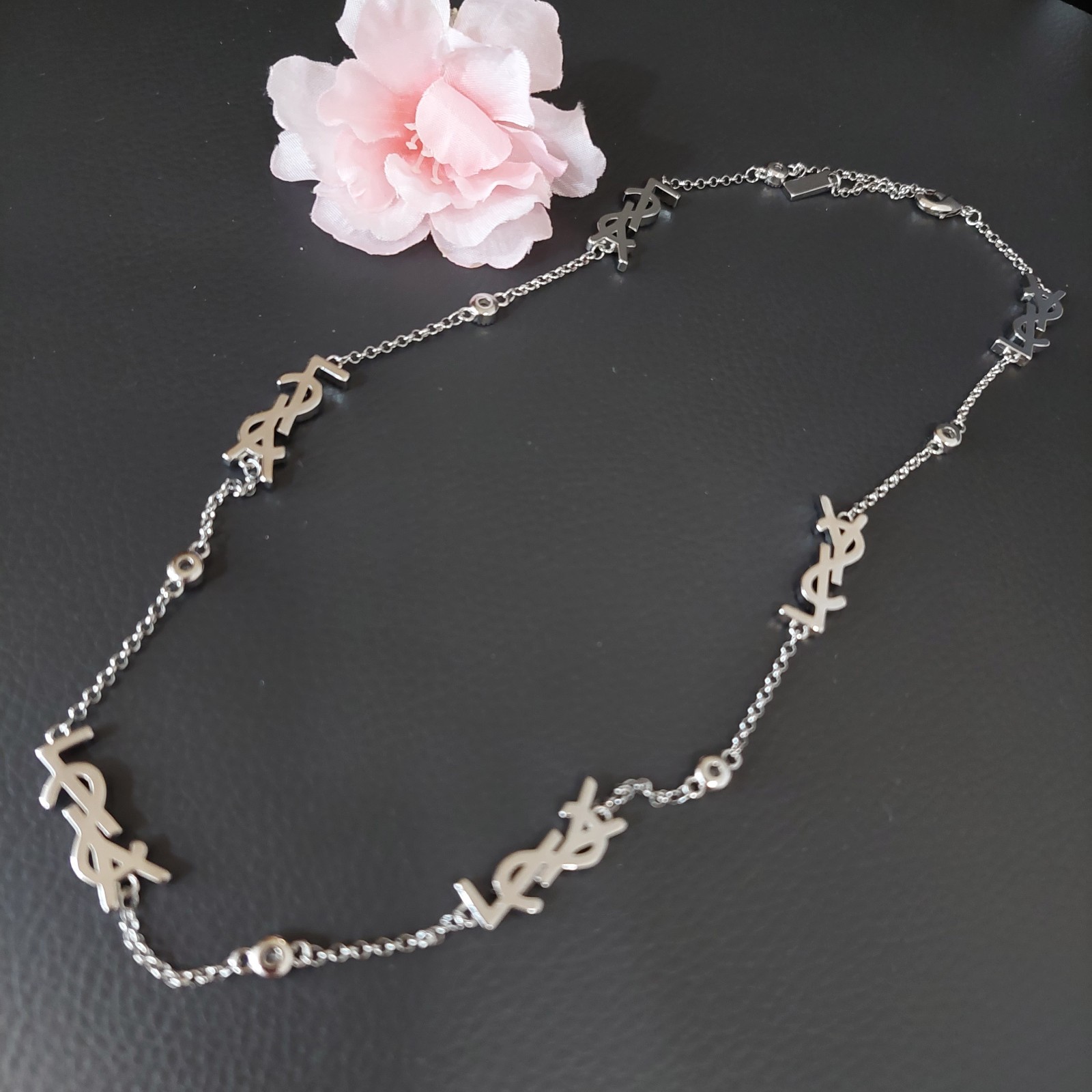 Auth. Yves Saint Laurent Signature YSL Logo Choker Crystal Studded Necklace