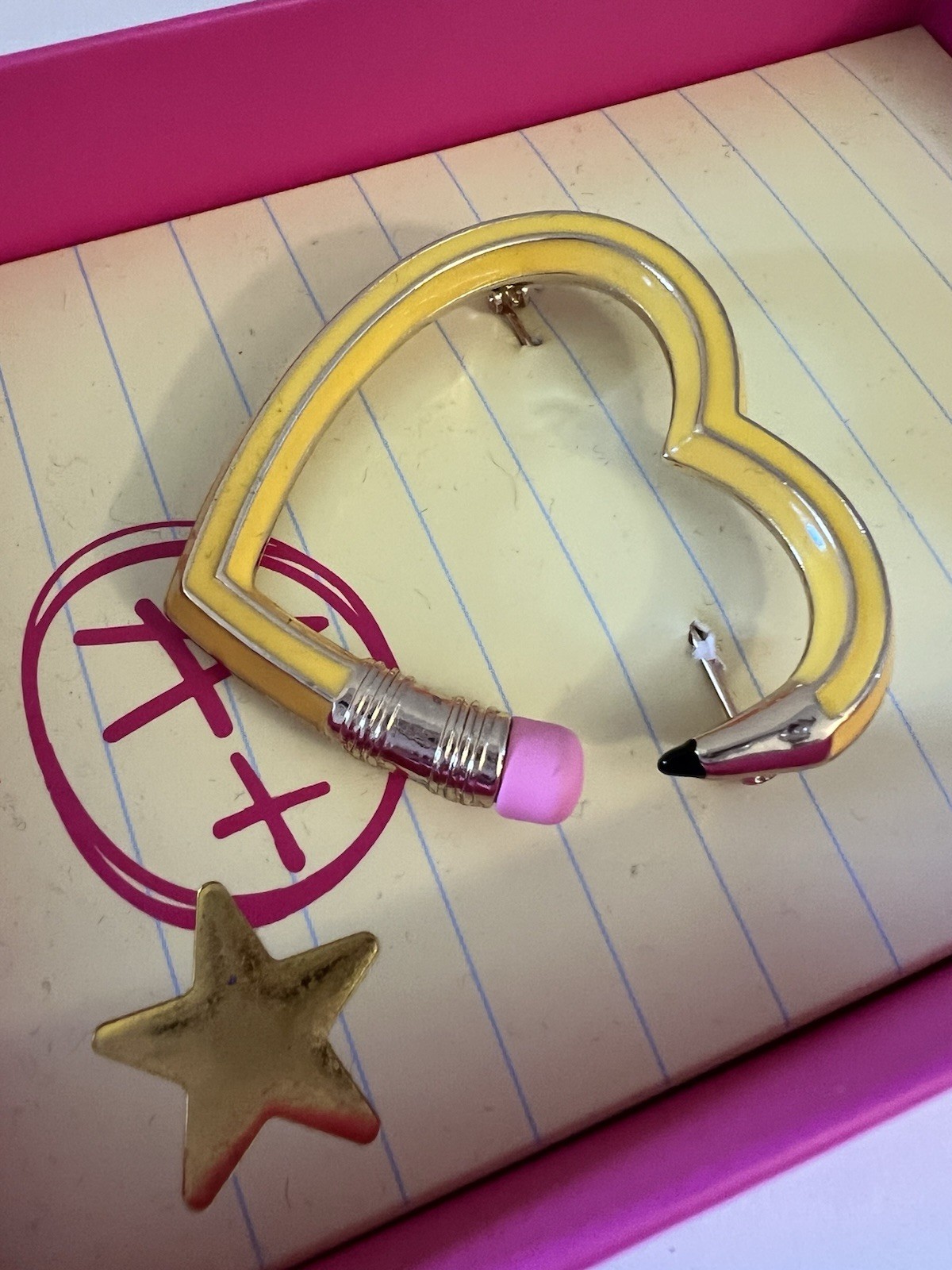 Betsey Johnson Brooch Heart Pencil Yellow With Star Accent NWT With Box