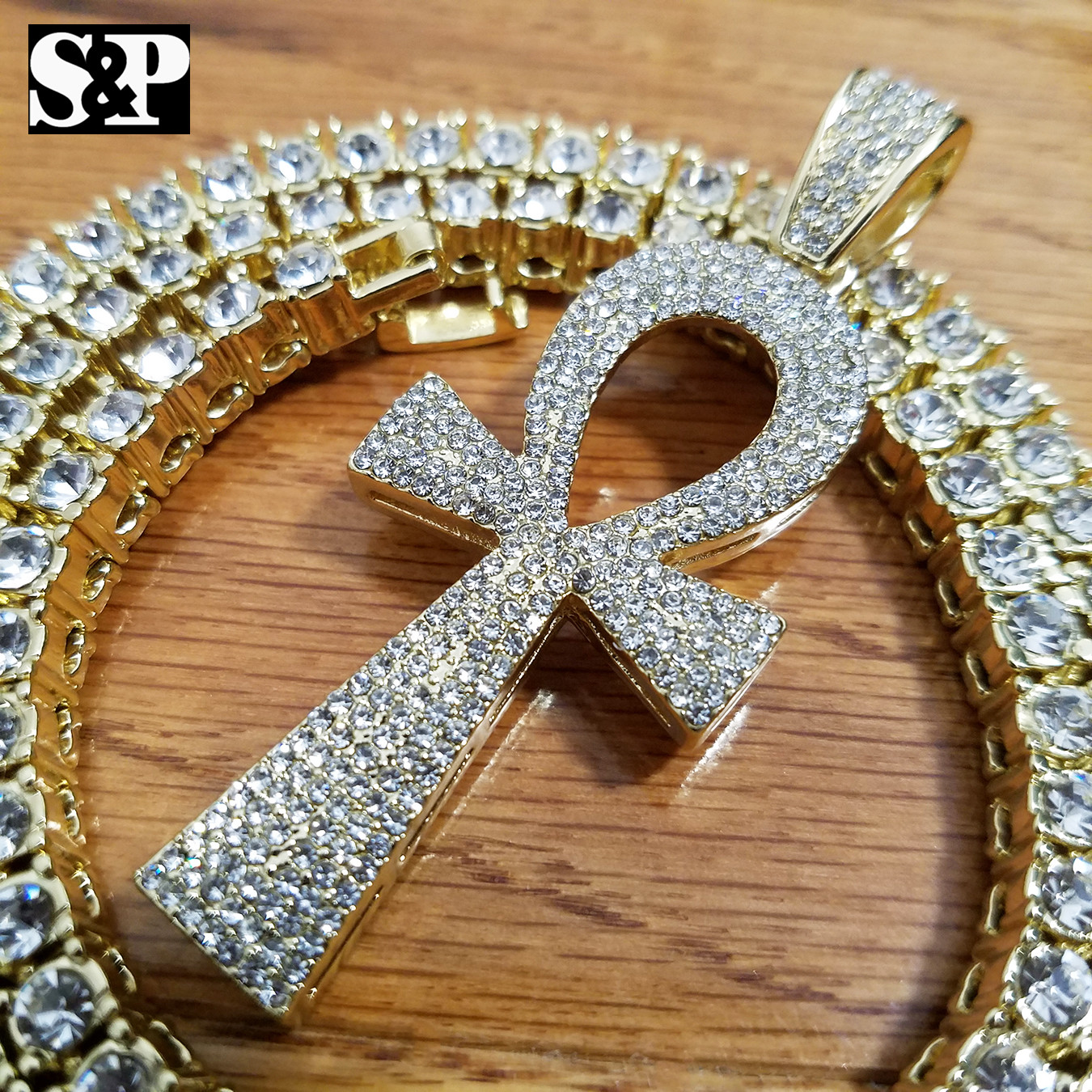 New Hip Hop Ankh Pendant 18″ Full Iced 1 ROW Cubic Zirconia Tennis Choker Chain